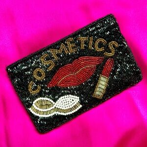 Vintage Walborg Black, Red, White & Gold Beaded Cosmetics Bag